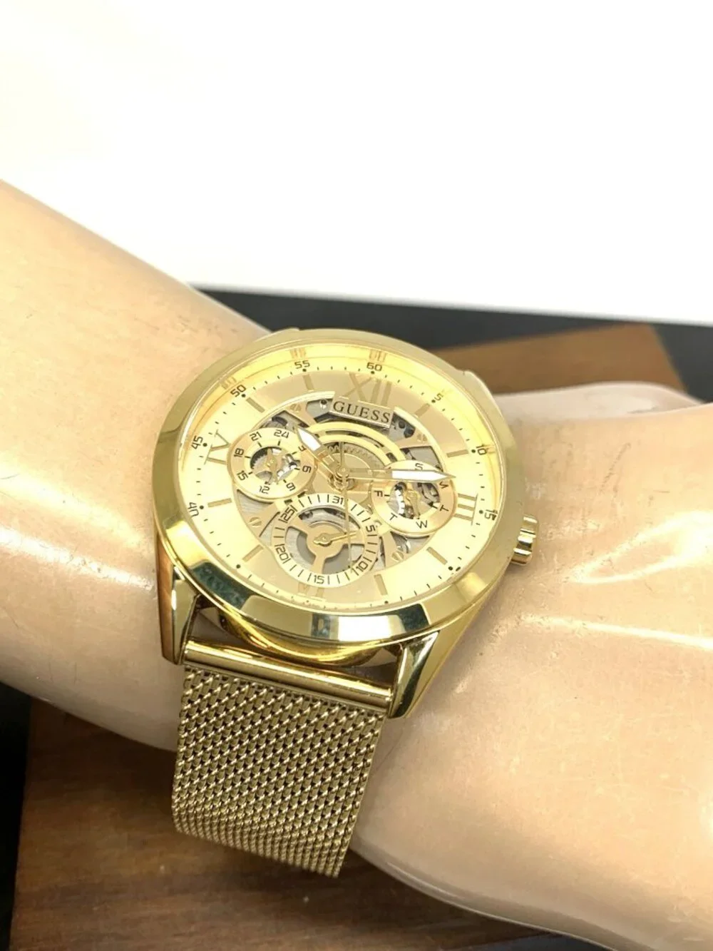 Guess Men's Watch GW0368G2 Quartz Gold Dial Mesh Stainless Steel 42mm